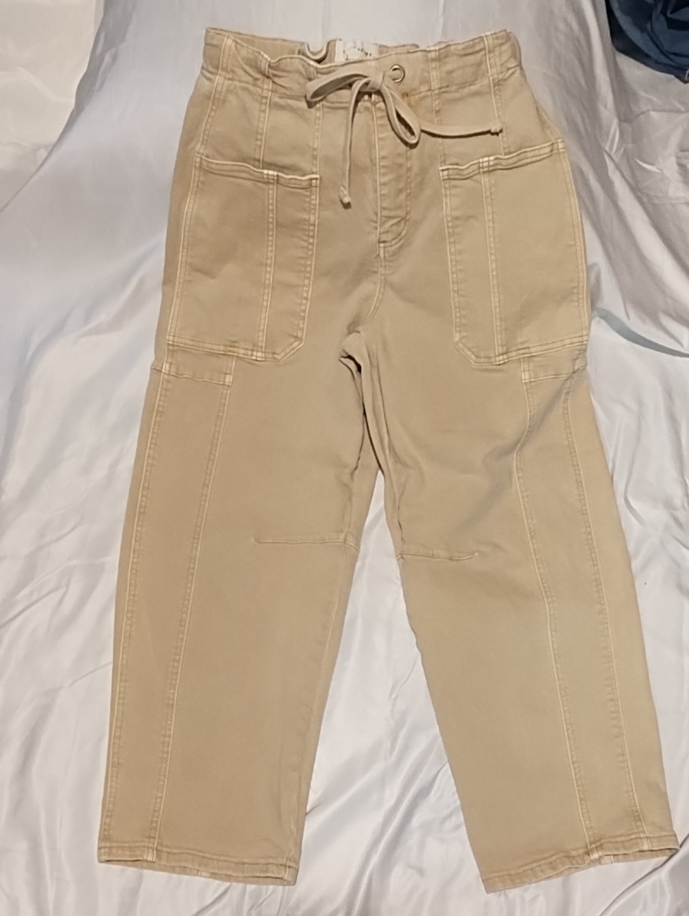 Women's Beige Cropped Utility Jeans - Drawstring Waist VGC Waist 25".